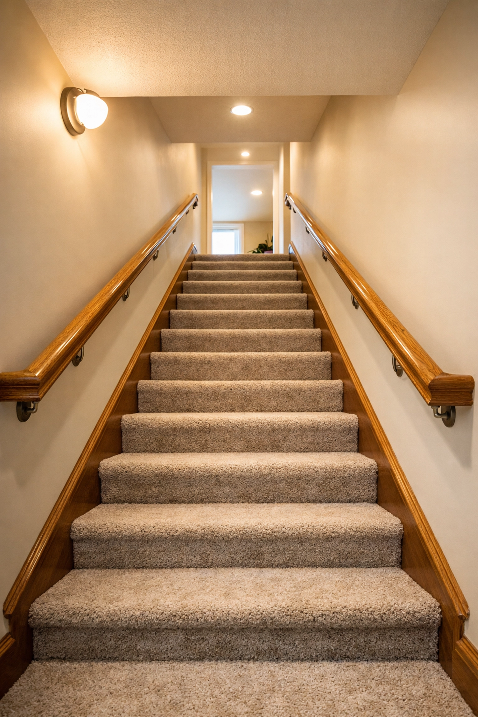 Well-lit staircase with handrails on both sides and bright lighting for fall prevention