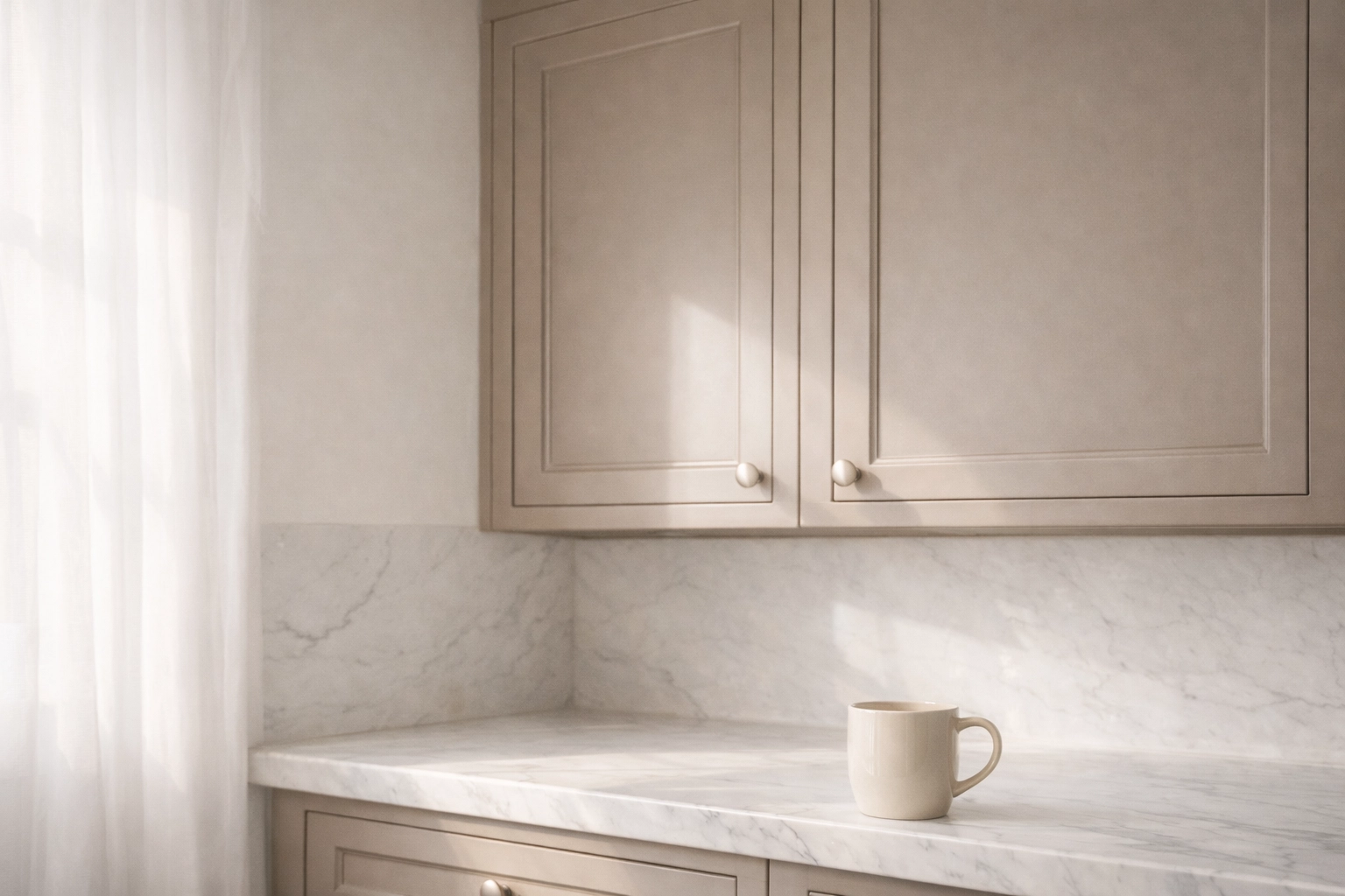 Professional kitchen cabinet spray painting in a warm mushroom taupe matte finish.