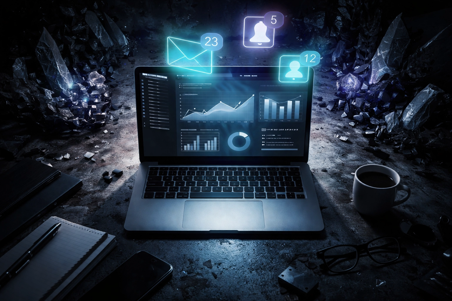 Laptop showing email analytics dashboard in a dark workspace, representing strategic email marketing audits.