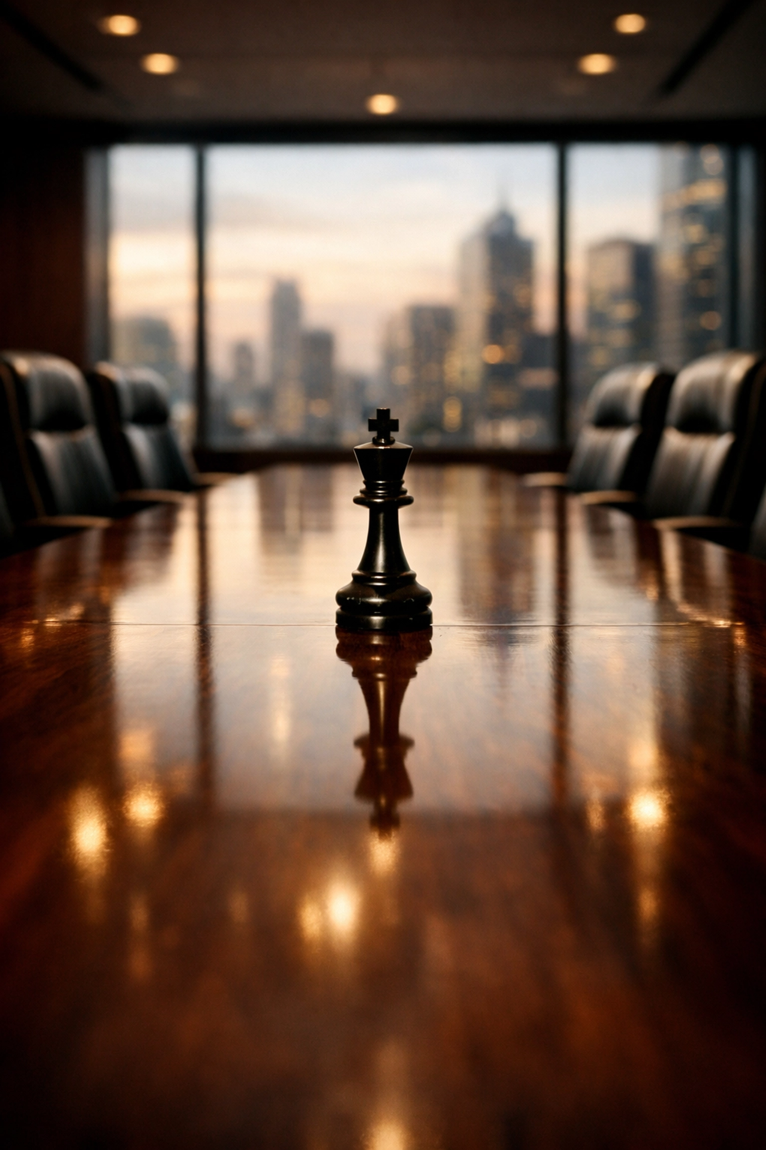 Corporate boardroom with chess piece symbolizing strategic business decisions