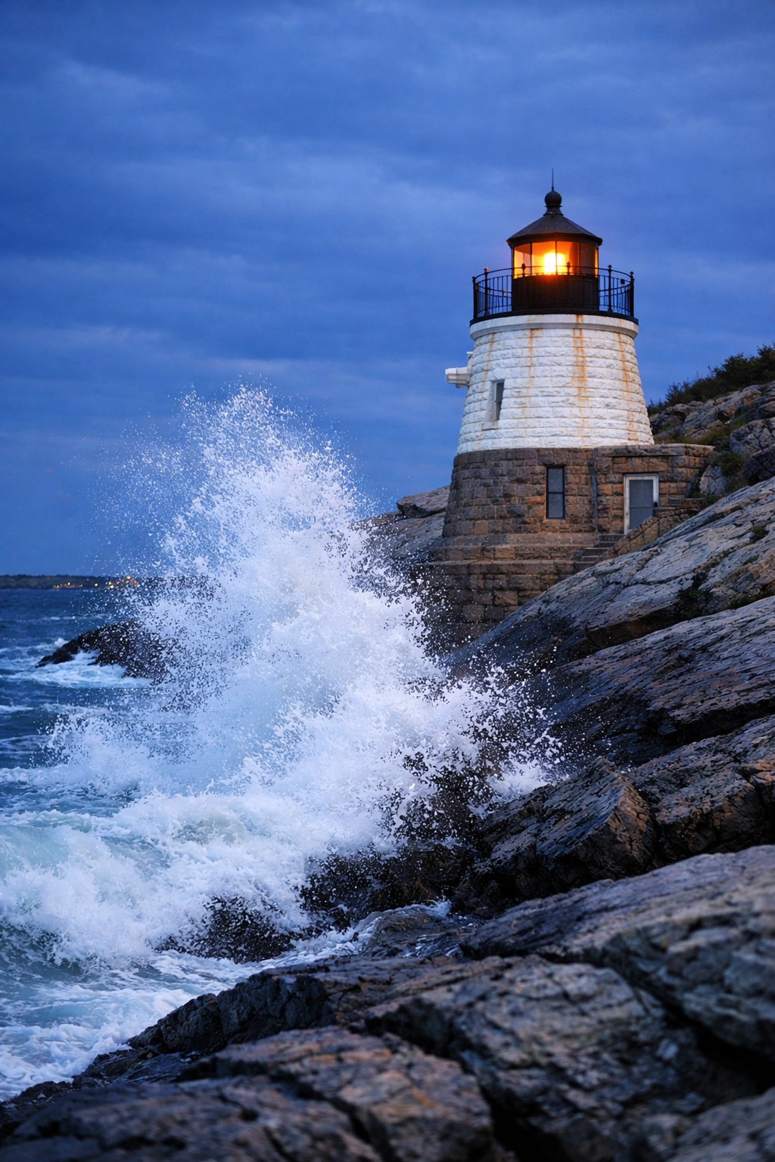 Castle Hill Lighthouse in Rhode Island at twilight, a stunning coastal photo spot on the East Coast.