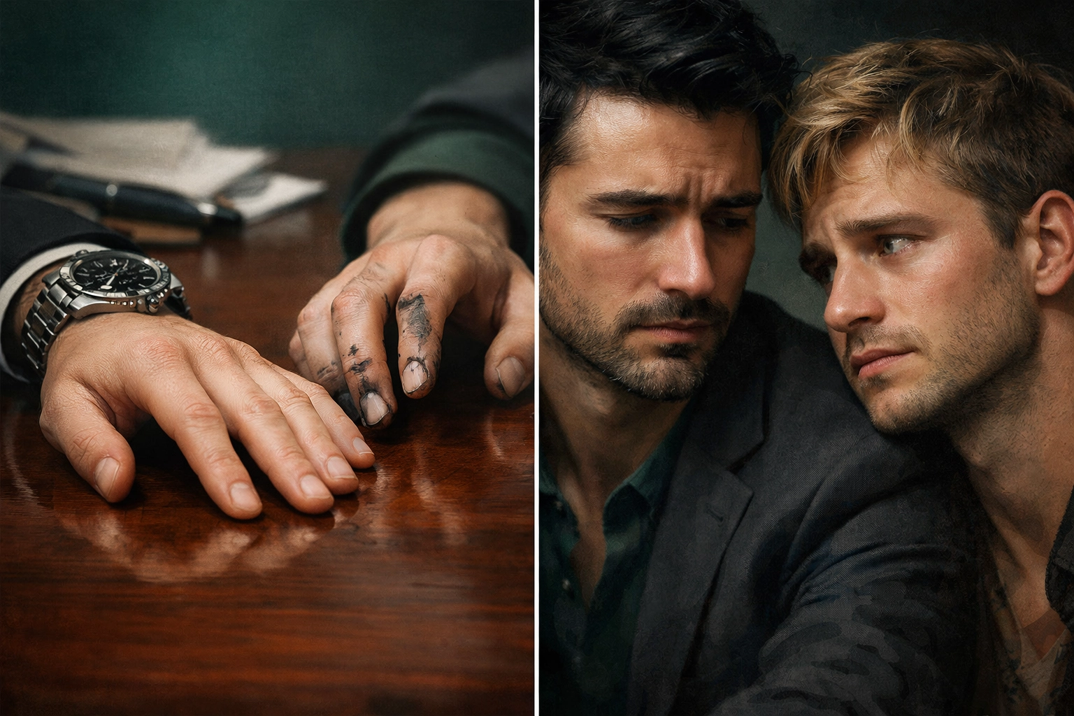 Close-up of billionaire and scholar's hands nearly touching - MM romance connection and wealth divide