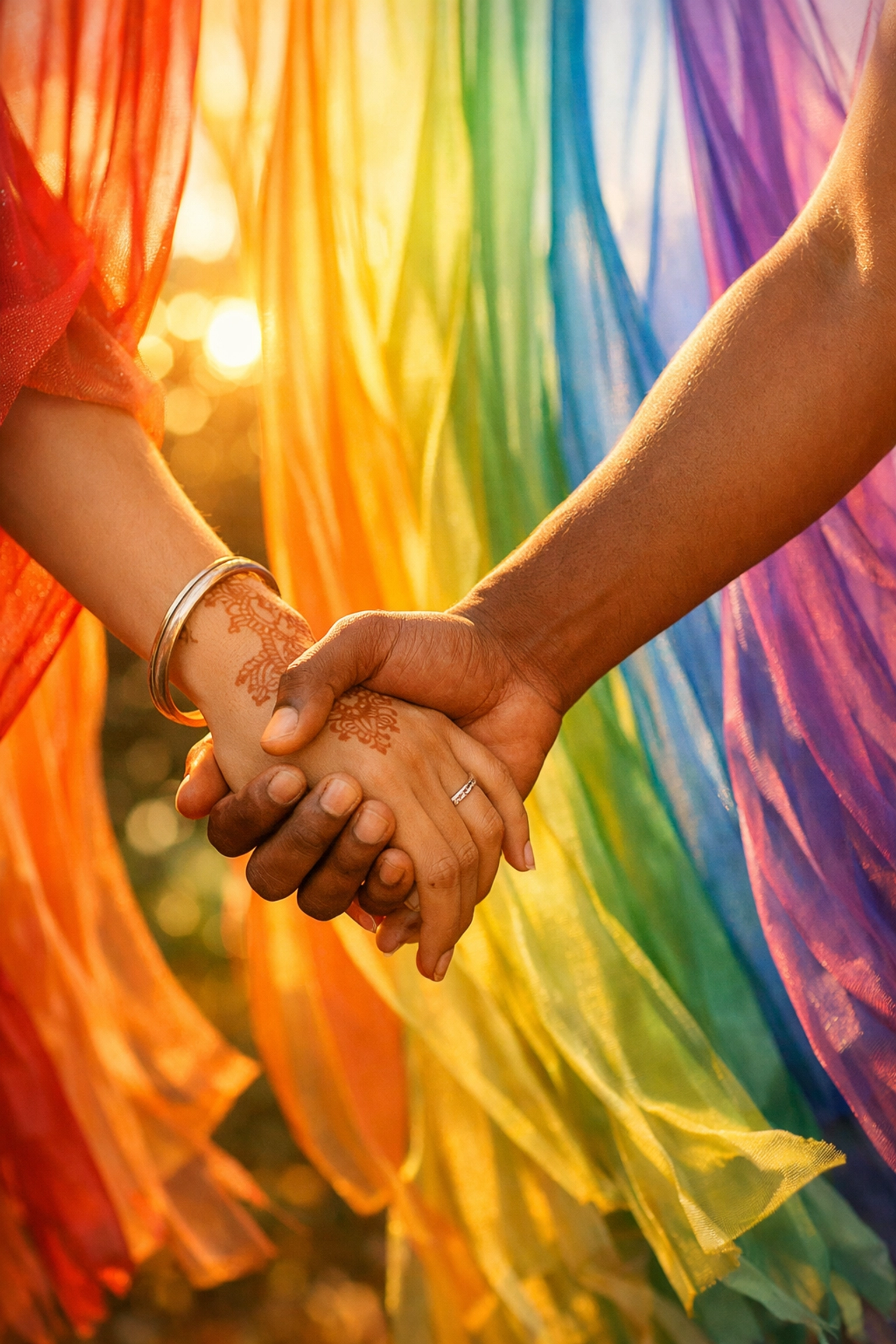 Intertwined hands and rainbow colors symbolizing legal freedom and inclusive pleasure for couples in India.