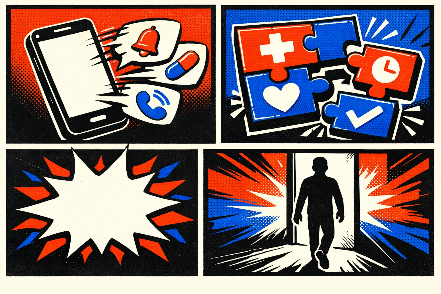 Retro comic-style automated reschedule flow using AI follow-up and a smart calendar.