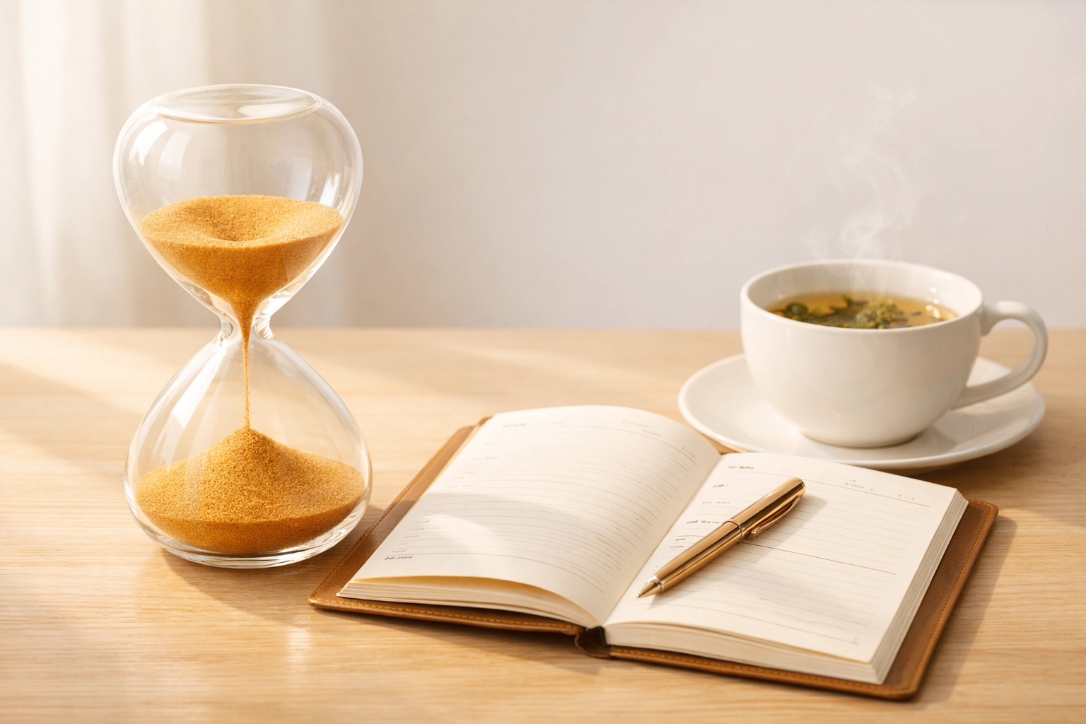 Hourglass and planner representing time commitment for ADHD evaluation