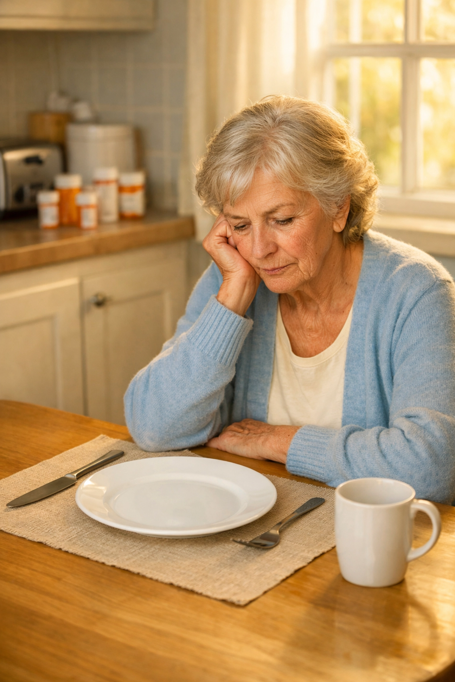 Senior woman facing post-discharge nutrition challenges at home with empty plate and medications