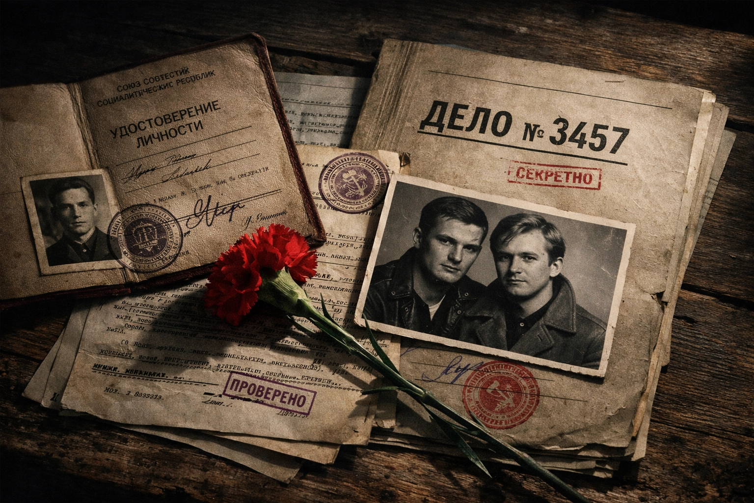 Soviet police documents and photo of two gay men with red carnation symbolizing forbidden love