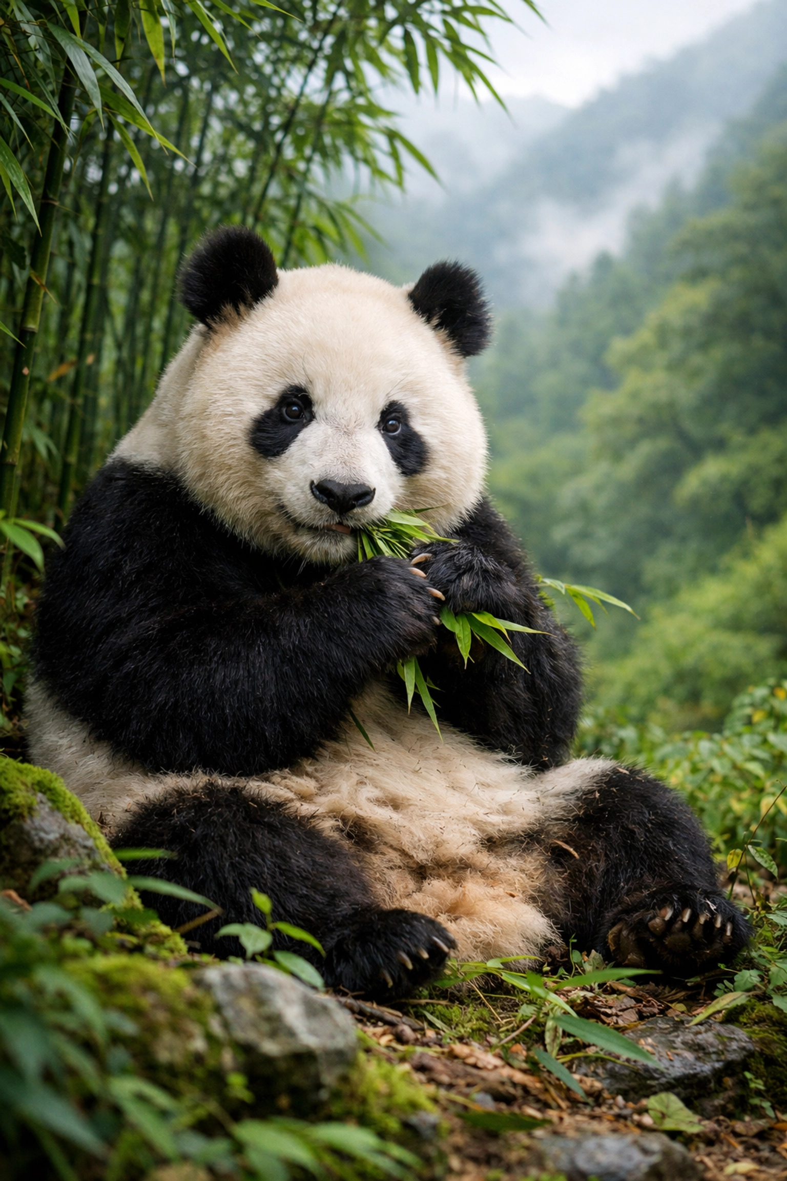 Giant panda resting in a lush bamboo forest, a symbol of successful wildlife habitat restoration.