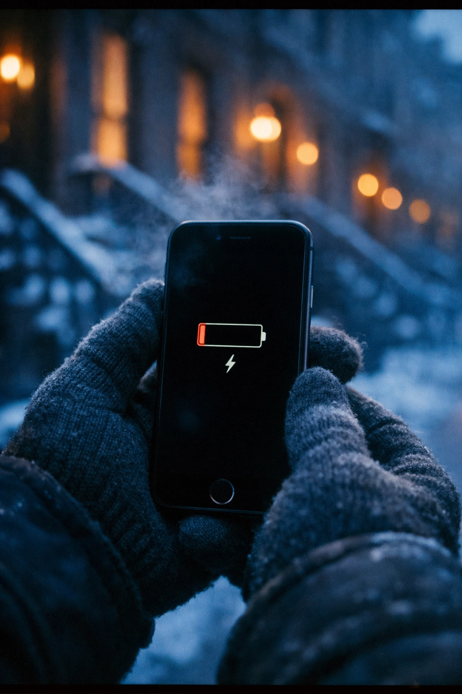 Dead iPhone with empty battery in winter gloves on snowy Brooklyn street showing cold weather damage