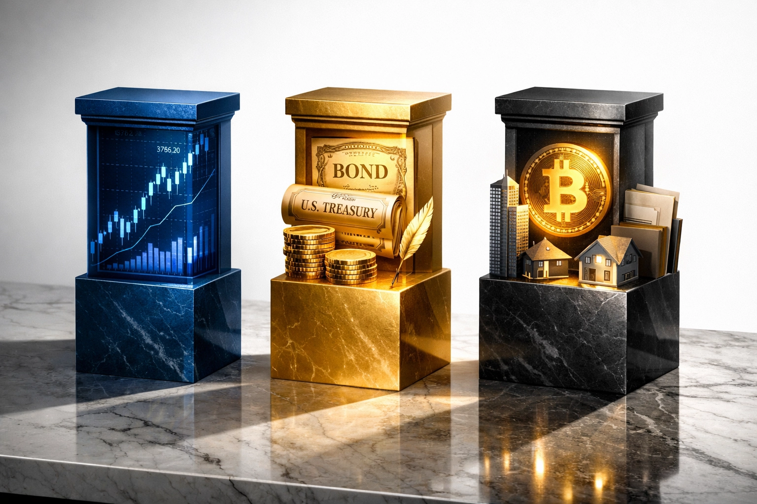 Three pillars showing portfolio diversification: stocks, bonds, and Bitcoin alternative assets