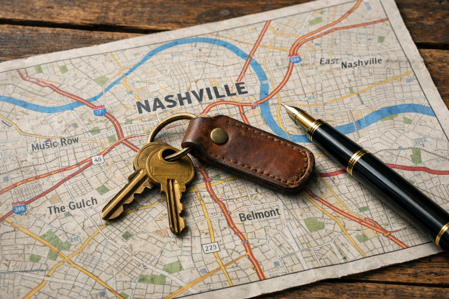 House keys and a pen on a Nashville map, symbolizing a fast sale to a trusted local home buyer.
