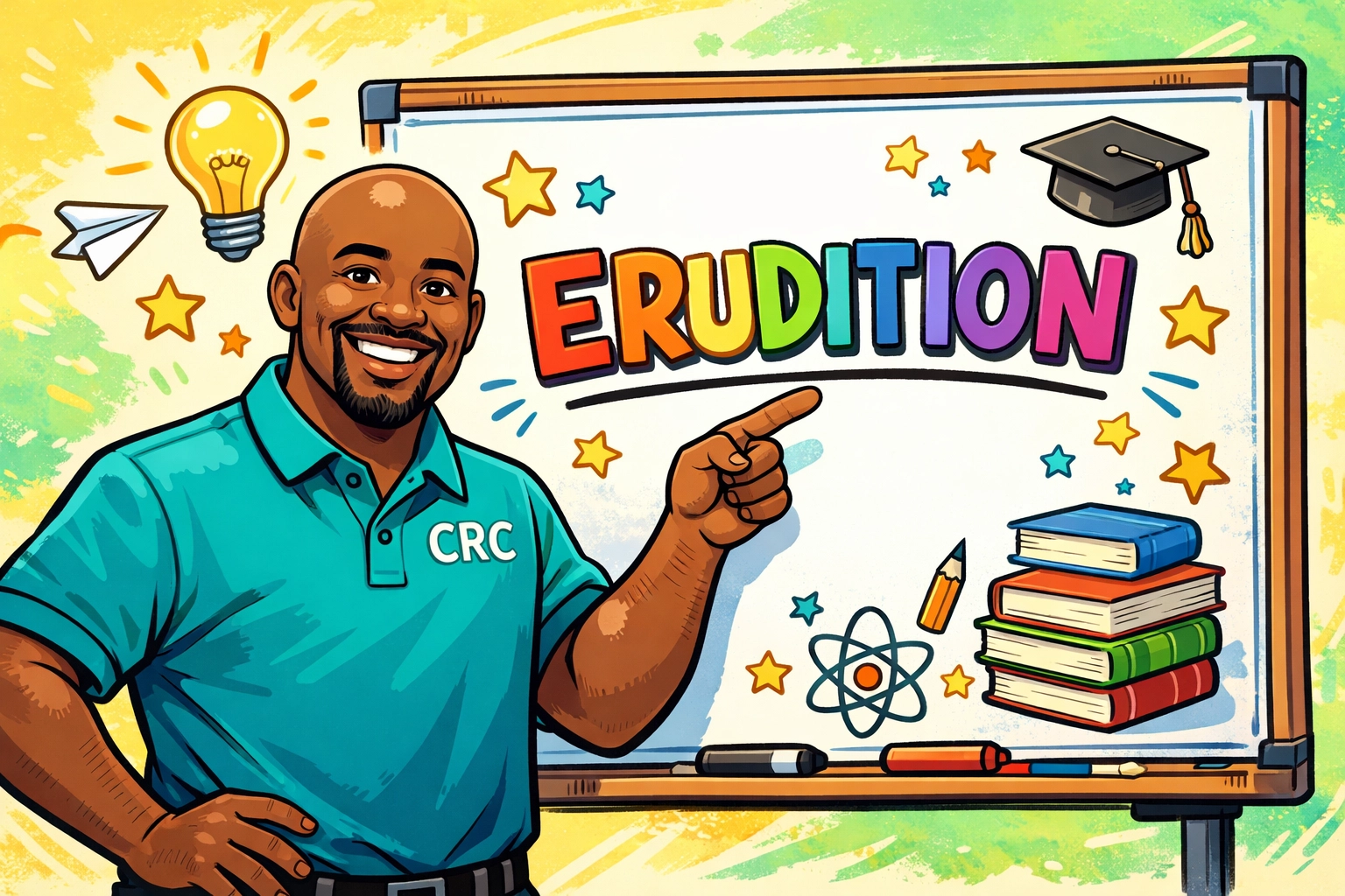 Professor Antonio teaching vocabulary word 'Erudition' to young students at CRC daily challenge