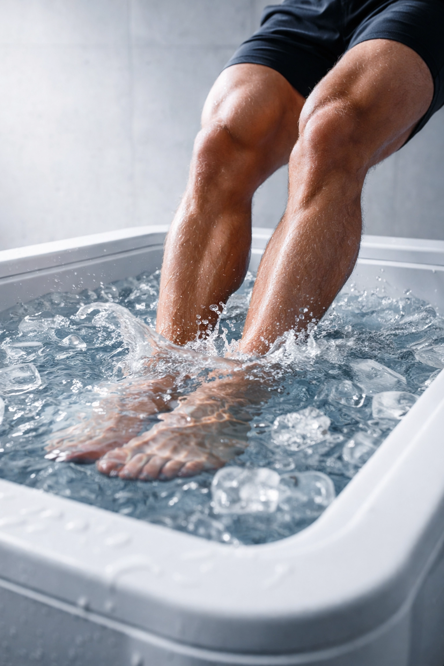 Athlete submerging legs into an ice bath, illustrating cold plunge recovery benefits for sore muscles