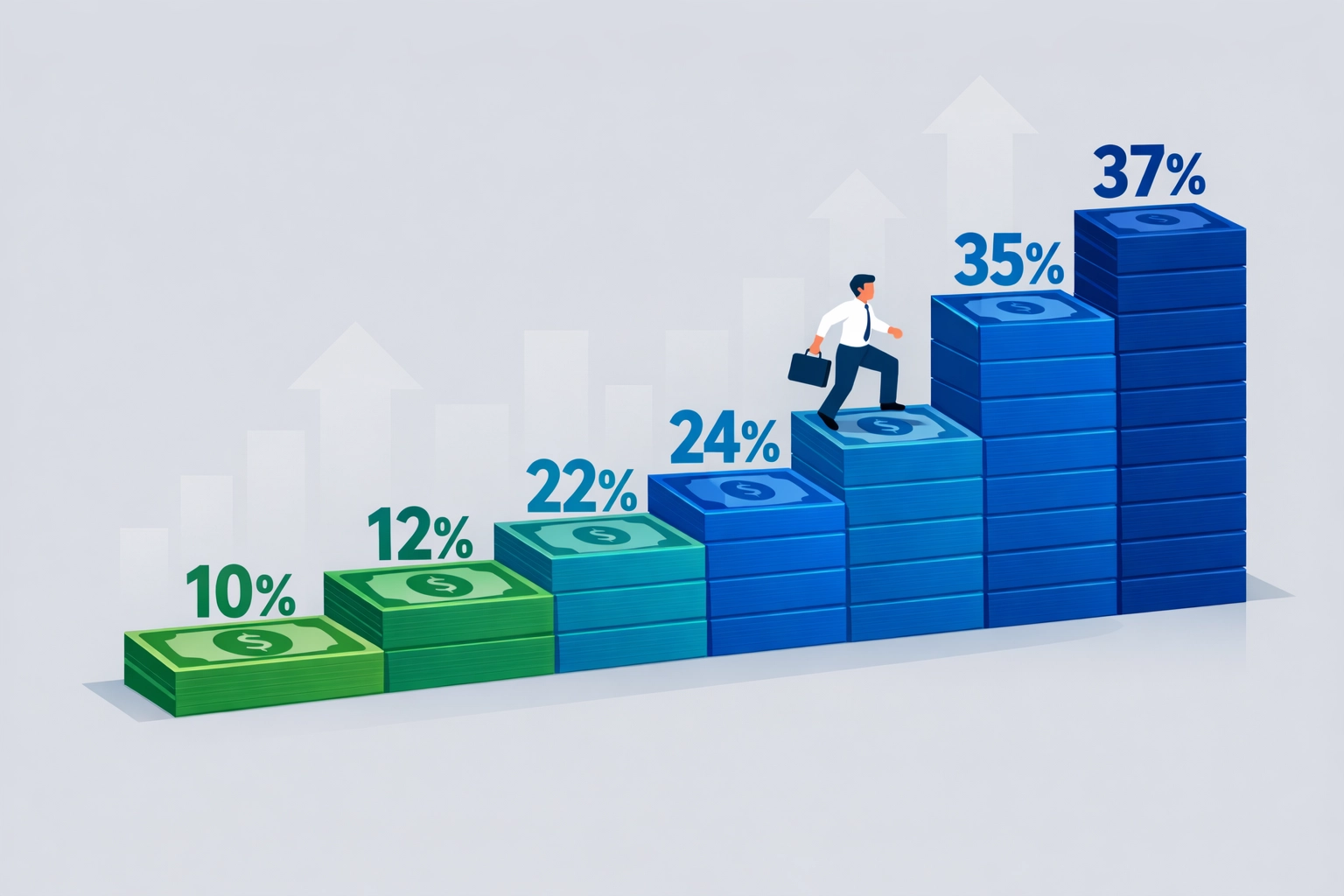 Progressive 2026 tax bracket staircase showing seven federal income tax rates from 10% to 37%