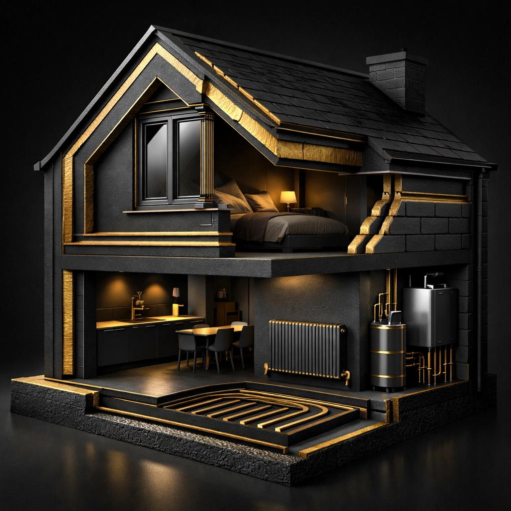 Property insulation and heating system retrofit improvements for energy efficiency