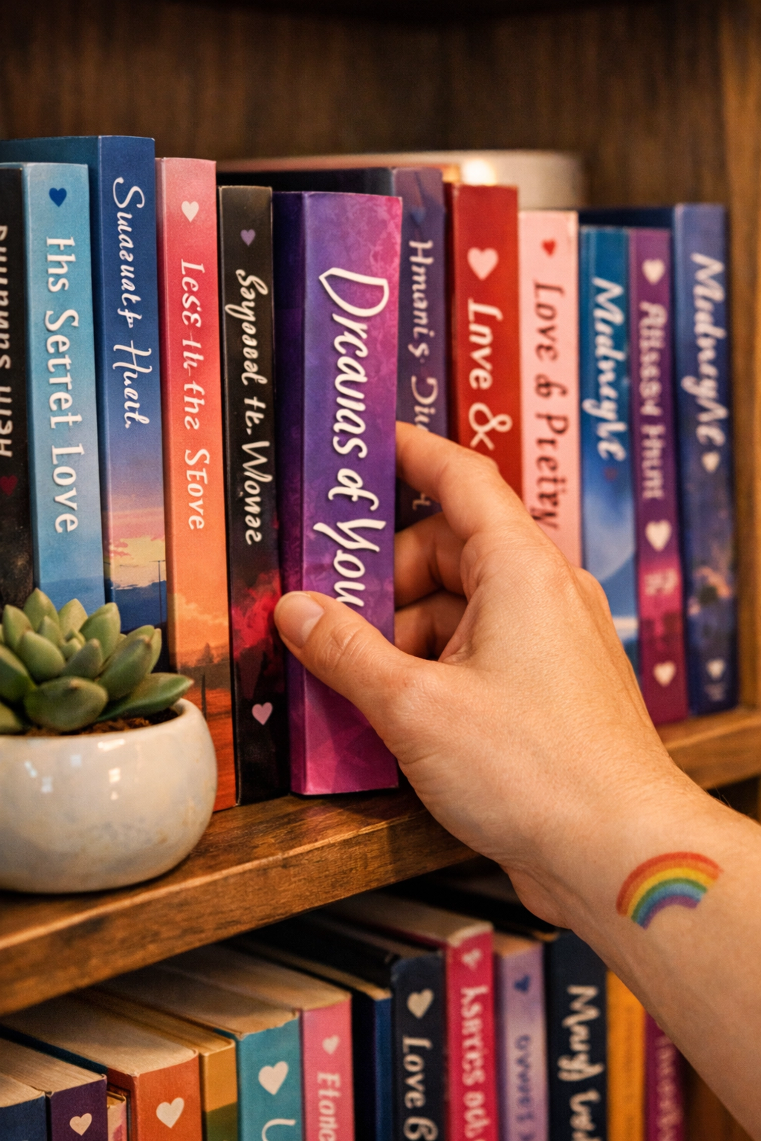 A hand with a rainbow tattoo reaching for an MM romance novel on a shelf of queer literature.