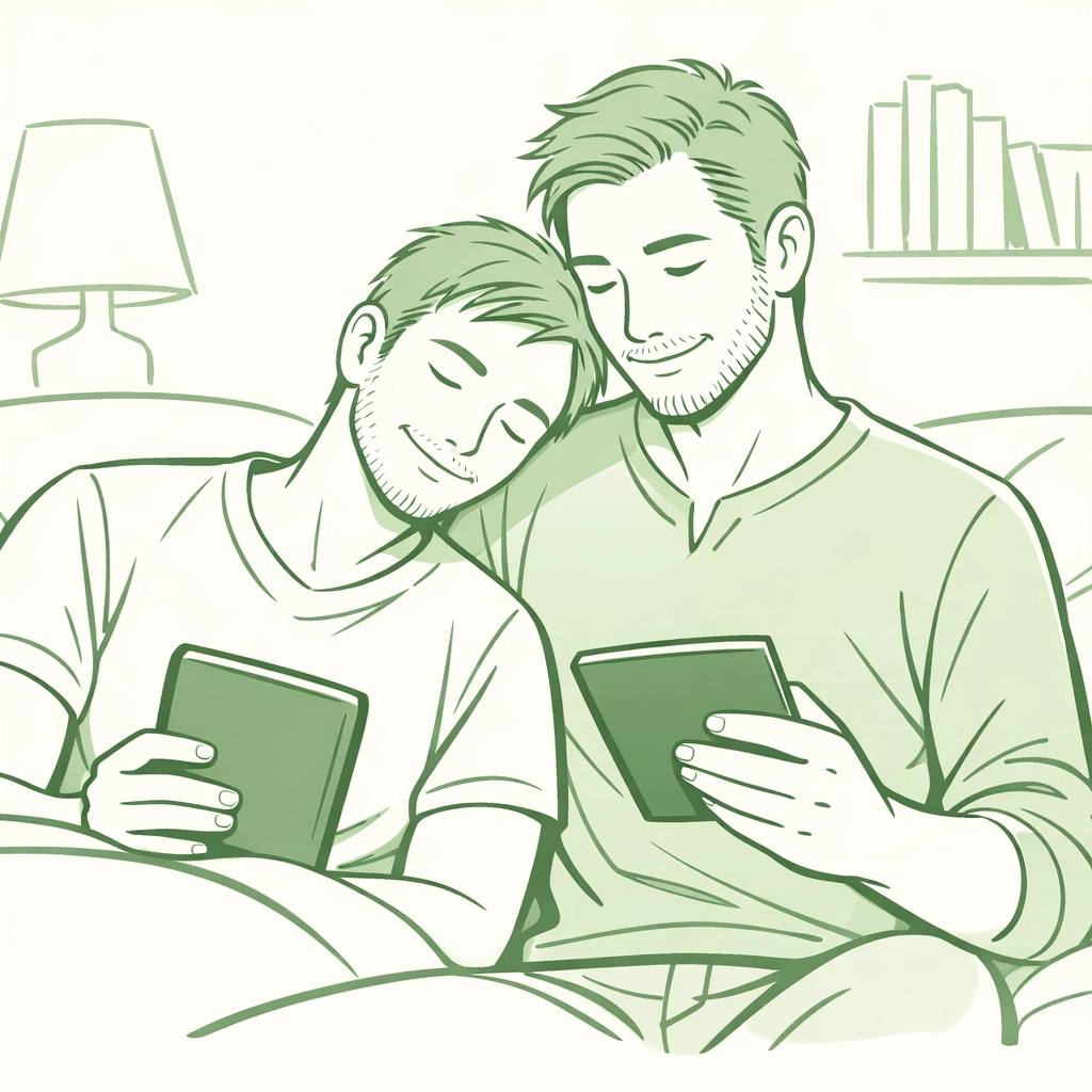 Two men reading emotional gay romance ebook together on couch
