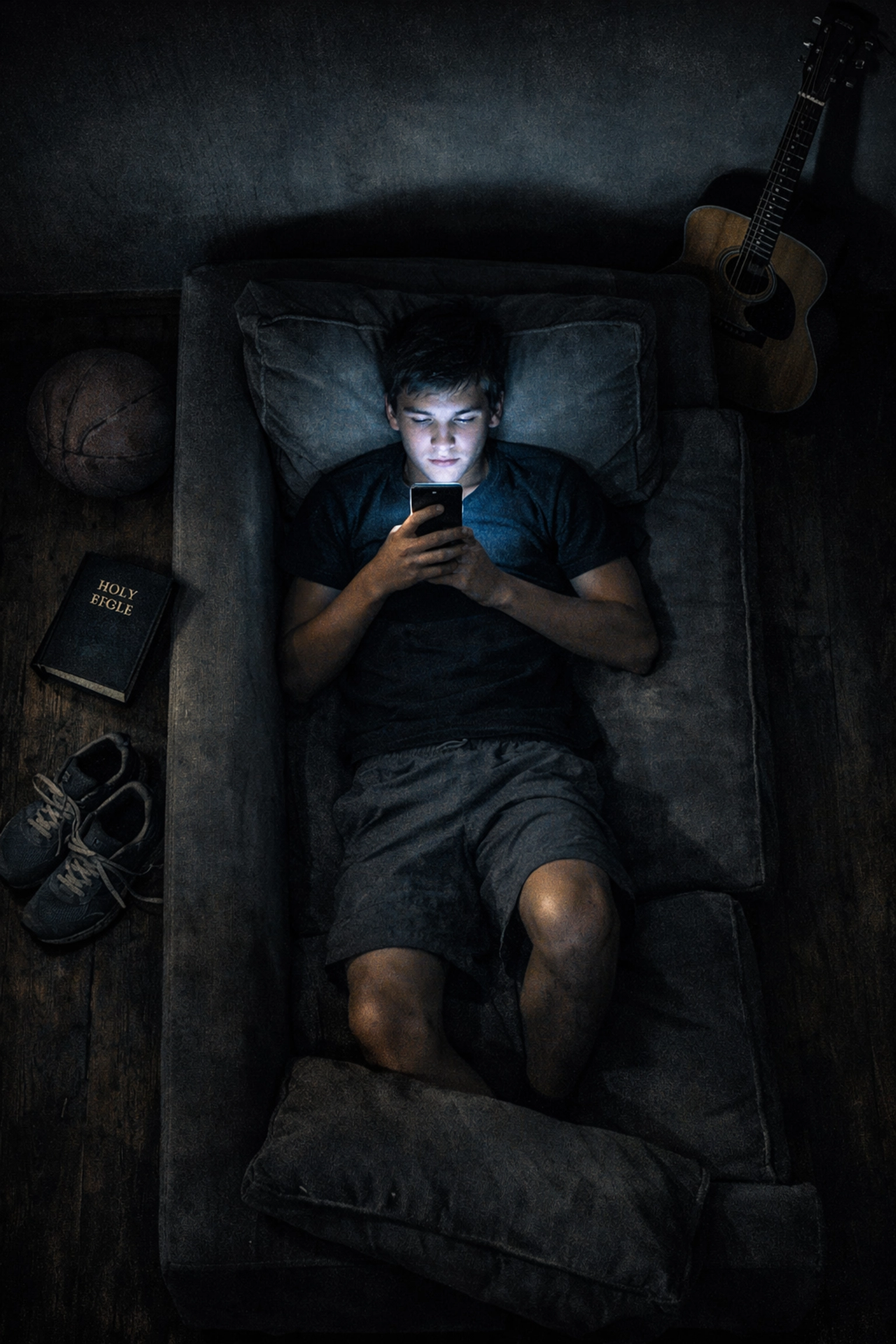 Teenage boy isolated on couch with phone surrounded by neglected hobbies like basketball and Bible