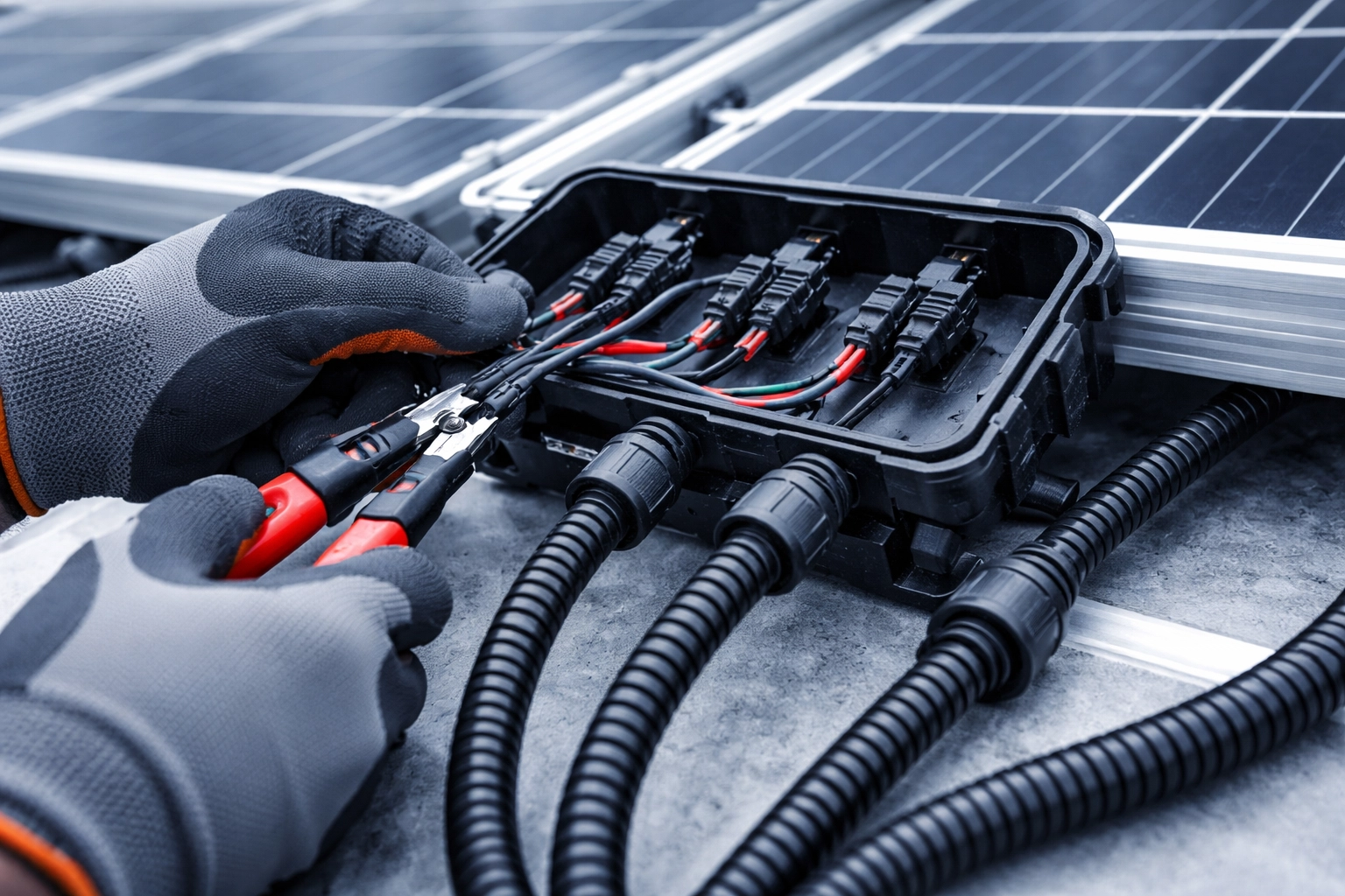 Close-up of technician connecting wires in commercial solar panel system for safe installation