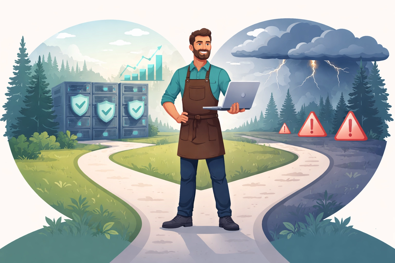 Northern Michigan business owner at a crossroads between reactive and proactive IT support options for Petoskey businesses.