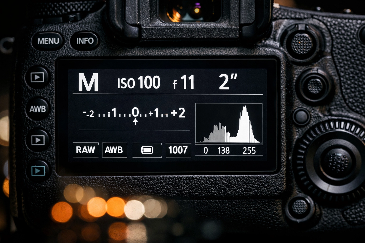 Camera LCD screen highlighting how to use manual mode camera settings and a histogram in a dark environment.