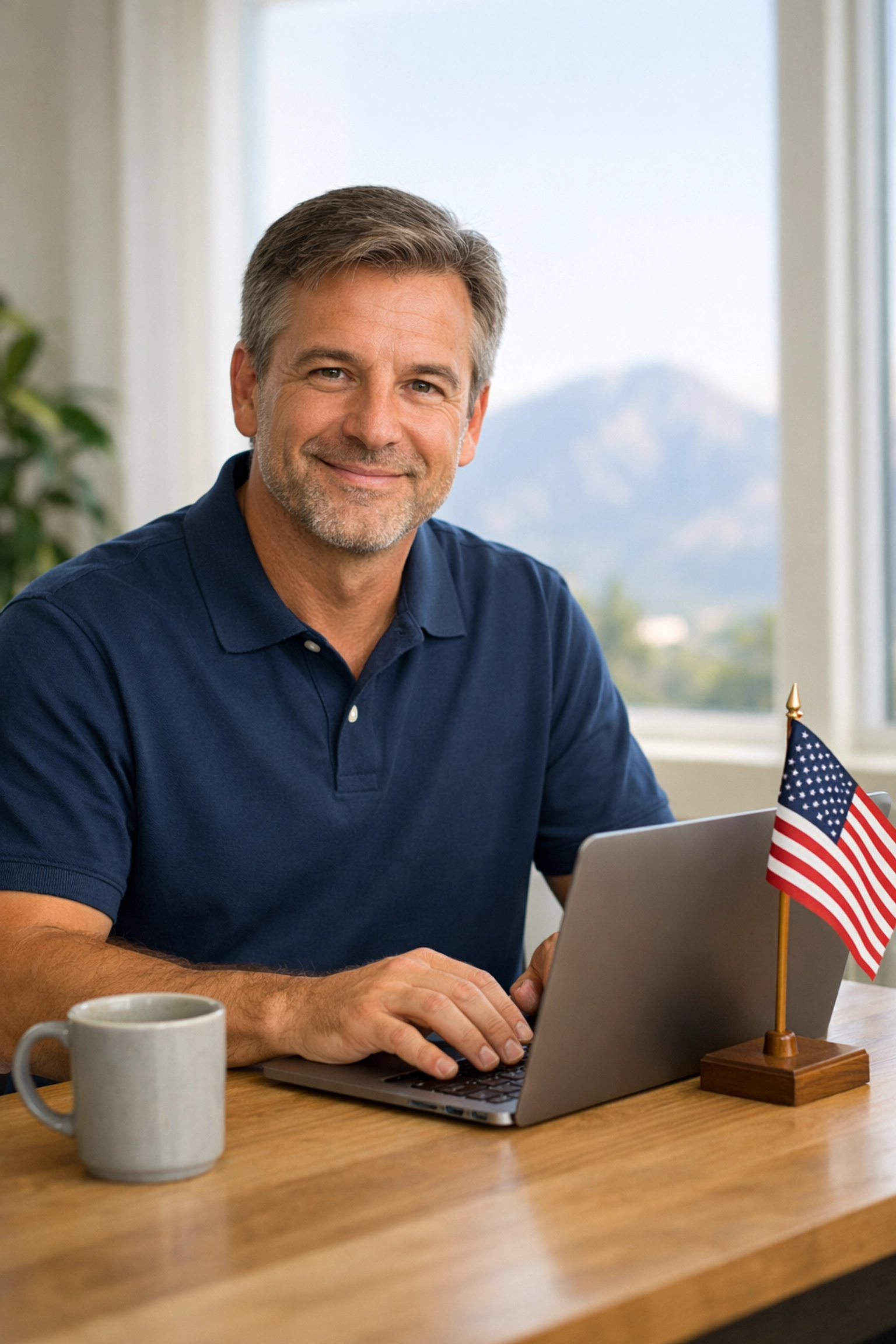 CEO Dan Kost reflecting on civic values while writing his daily patriotic newsletter at a modern desk.