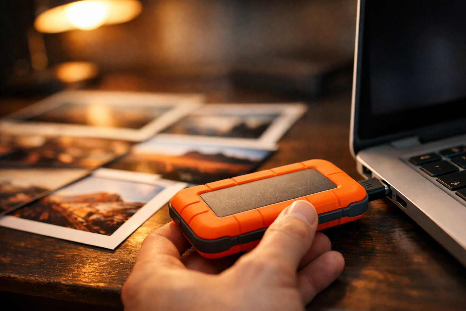 Photographer connecting an SSD to a laptop for fast client gallery delivery and file storage.