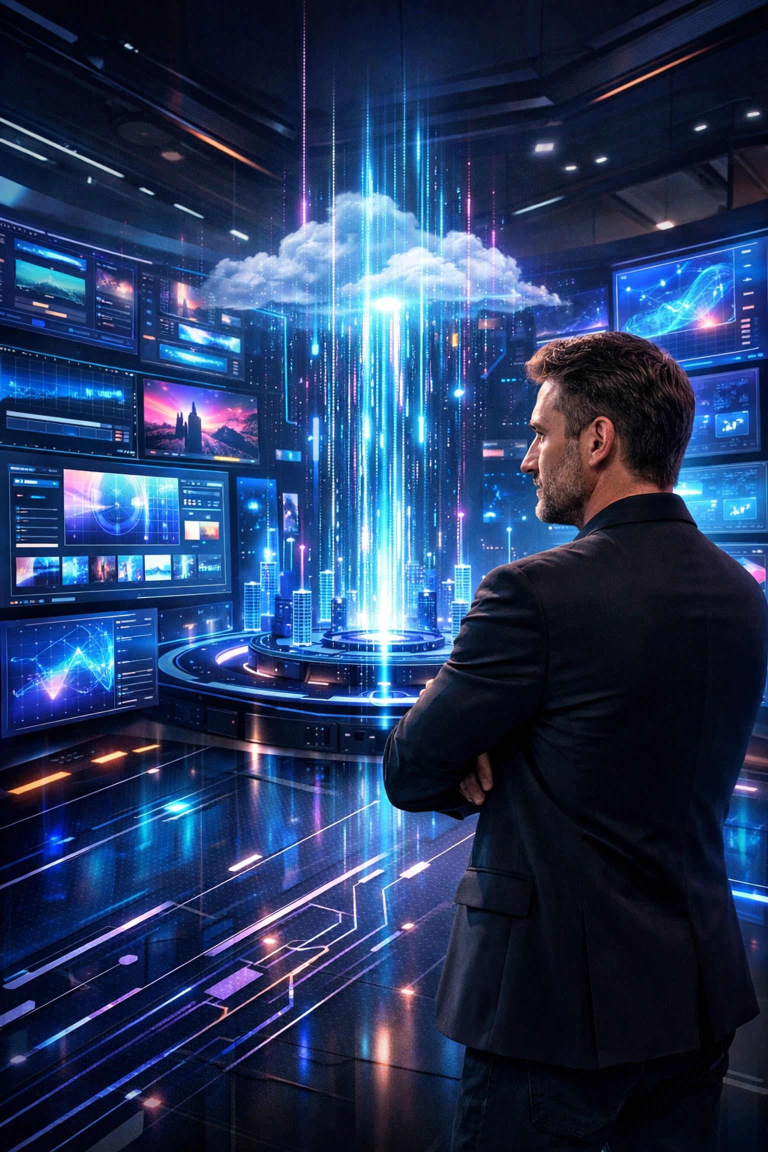 Creative director using cloud-managed interface for real-time Fanz integrated advertising updates.