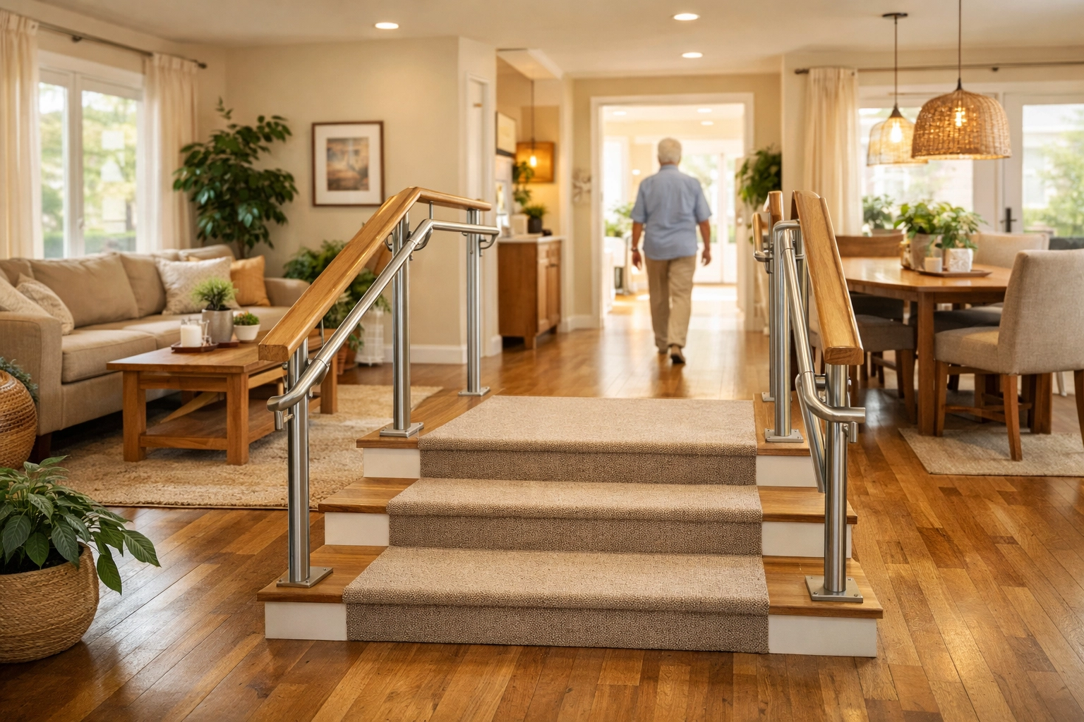 Accessible home interior with a dual-handrail staircase designed for safe independent living.