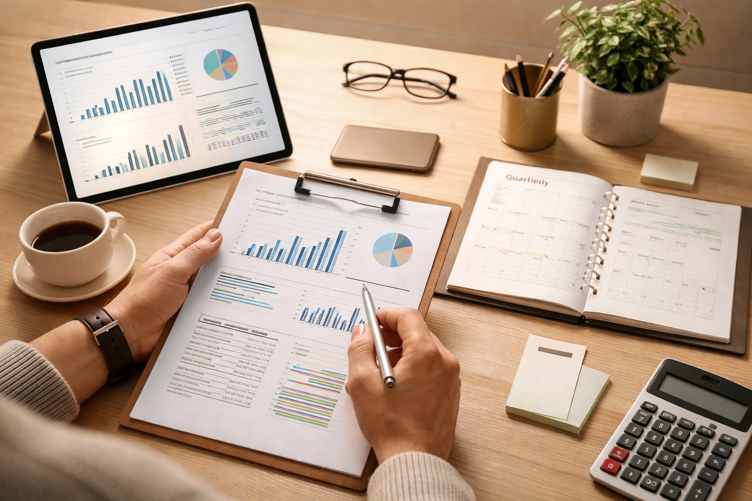 Business owner reviewing financial documents with planner and graphs, representing regular tax strategy reviews