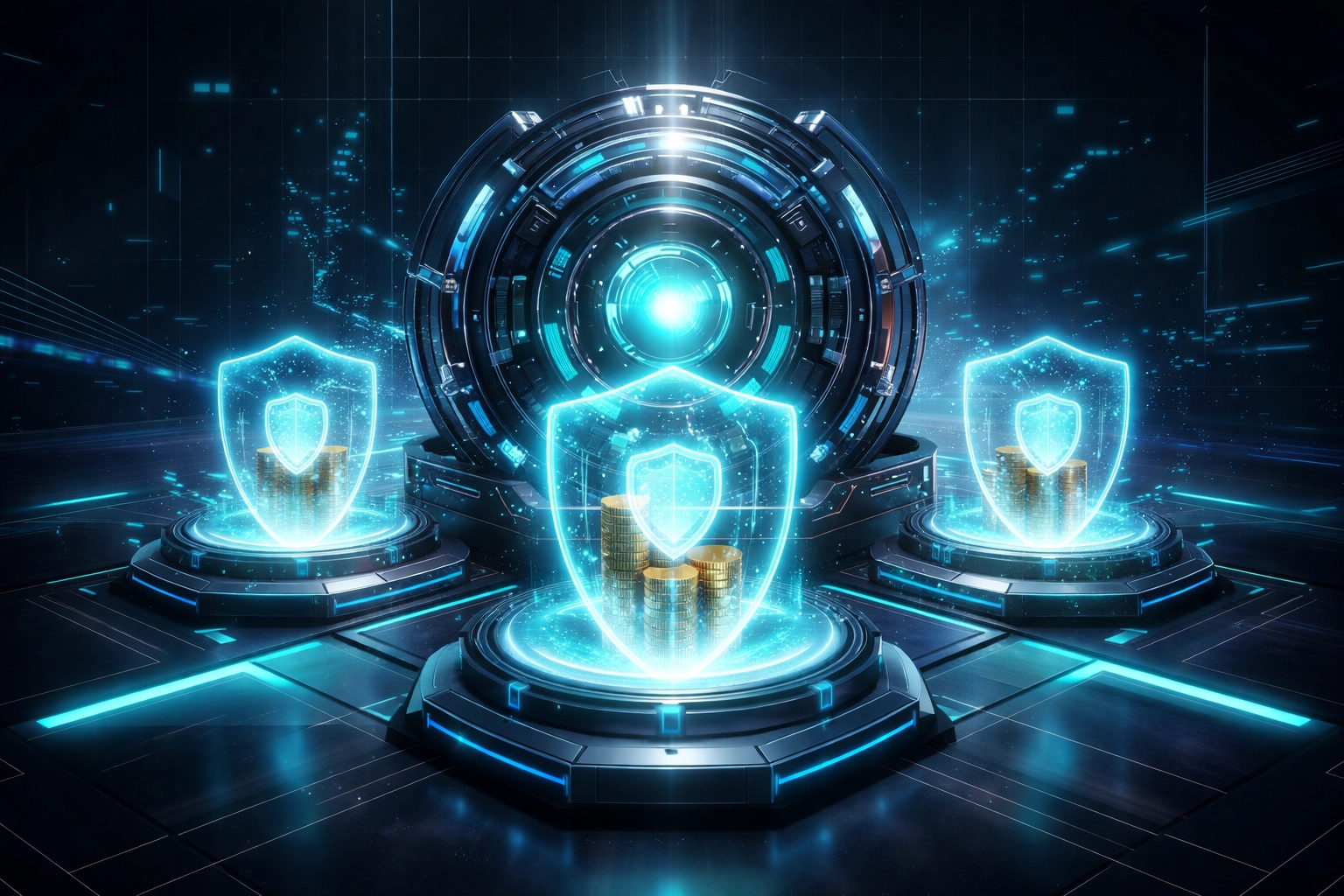 A secure digital vault representing self-custody merchant accounts and financial sovereignty using LUSD stablecoin.