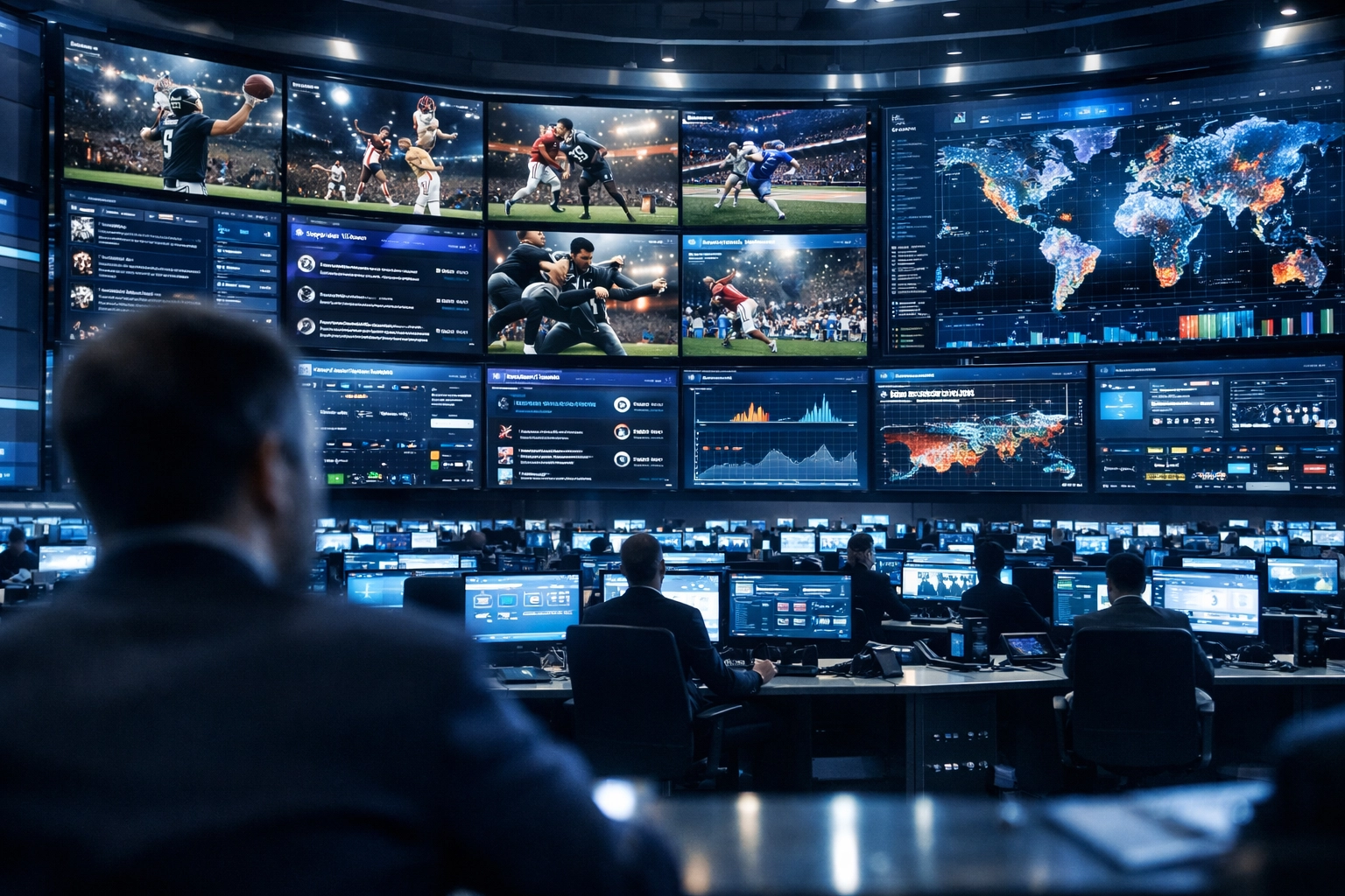 High-tech sports media command center tracking real-time ROI and data for NIL marketing campaigns.