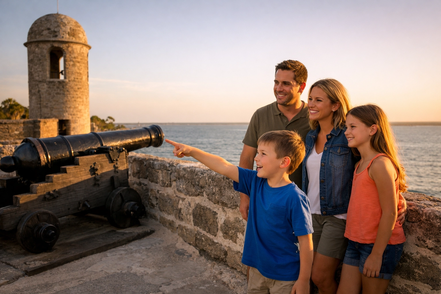 Top 10 Family Travel Activities That Are Actually Fun for Adults Too 2 Family exploring historical ruins and cannons at Castillo de San Marcos, an engaging activity for kids and adults.