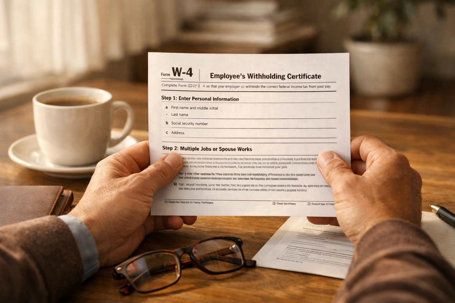 Business owner reviewing Form W-4 for employee tax withholding adjustments