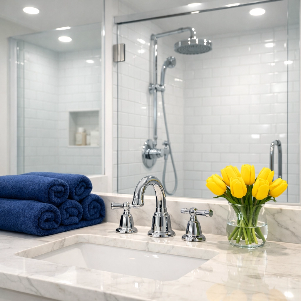 Sparkling clean Airbnb bathroom in Lancaster featuring sanitized surfaces and polished chrome fixtures.