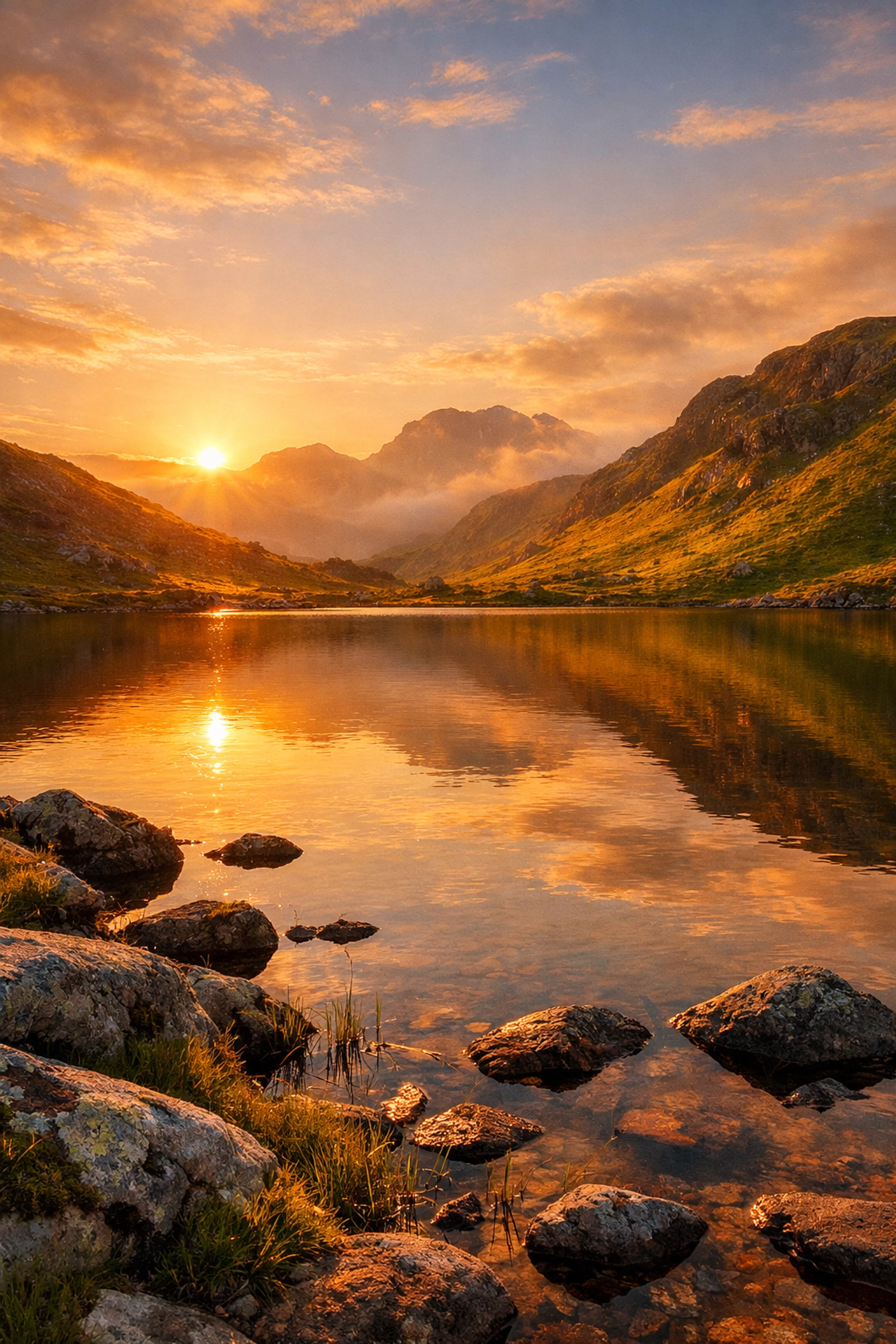 Scenic view of a peaceful Lake District tarn at sunset, ideal for landscape photography.