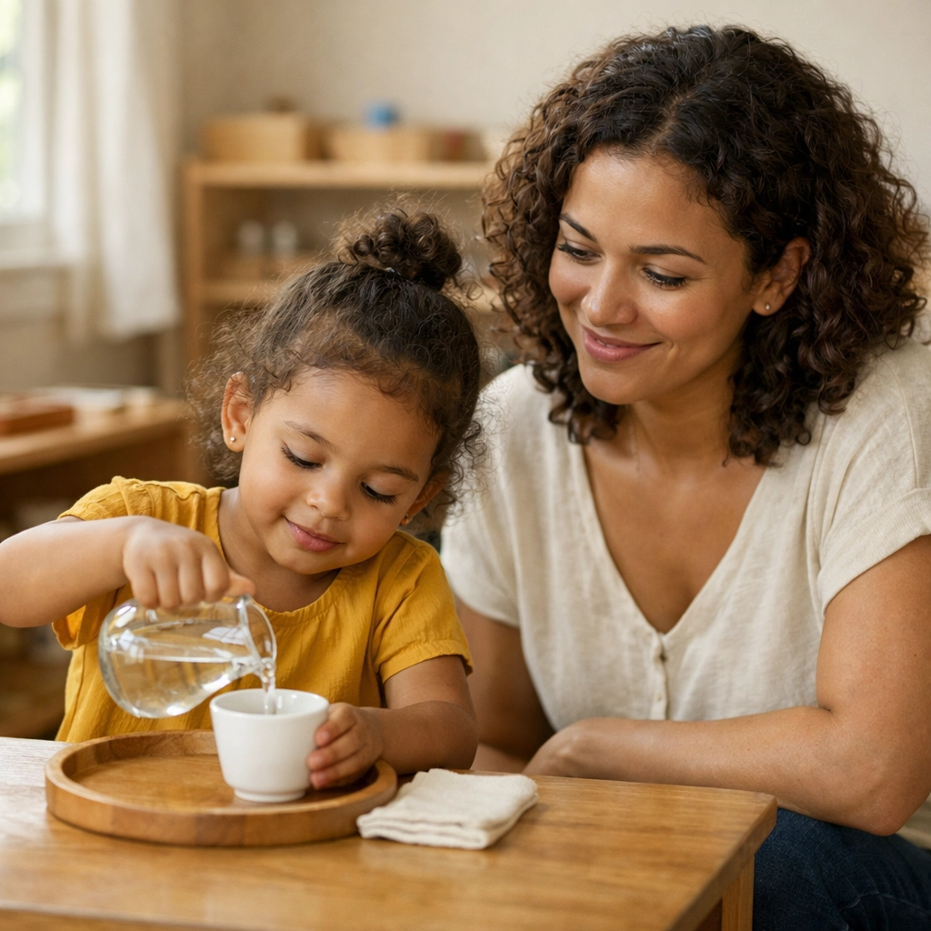 Mother and daughter practicing Montessori discipline through a practical life water pouring activity at home