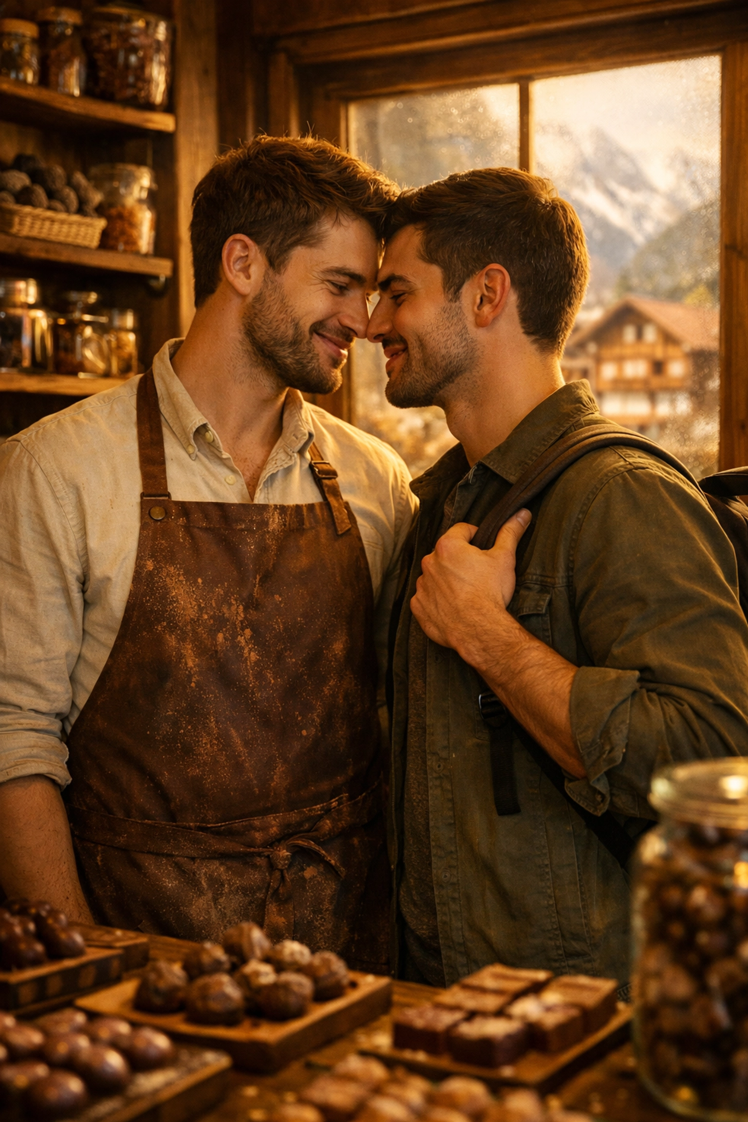 Two men share intimate moment in traditional Swiss chocolate shop - gay romance MM fiction setting