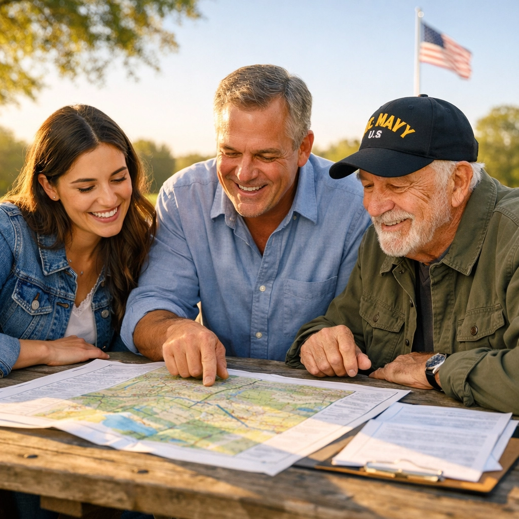 Community leaders and a veteran reviewing national initiatives and patriotic events together.