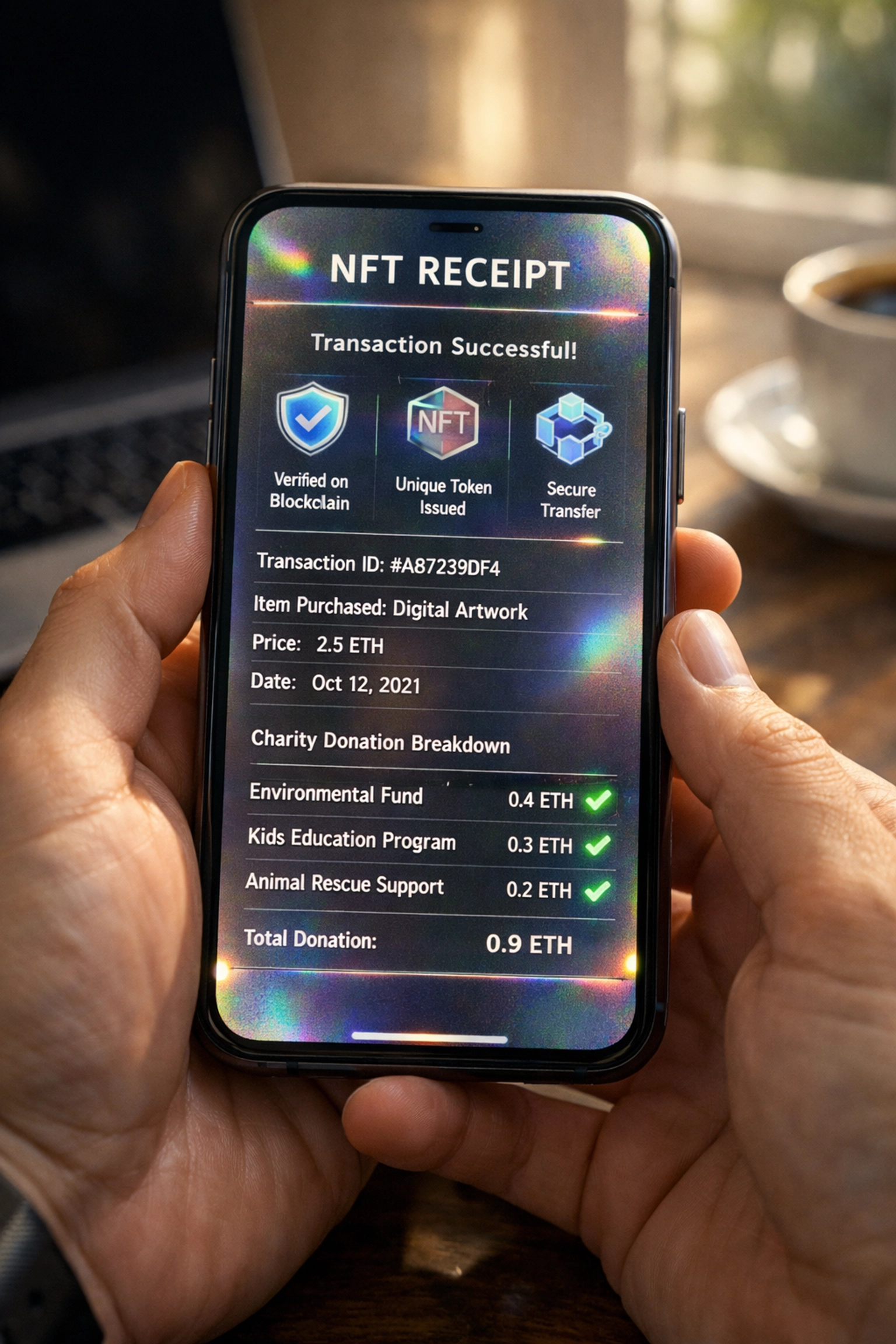Digital NFT receipt showing blockchain-verified charity contribution and transaction details