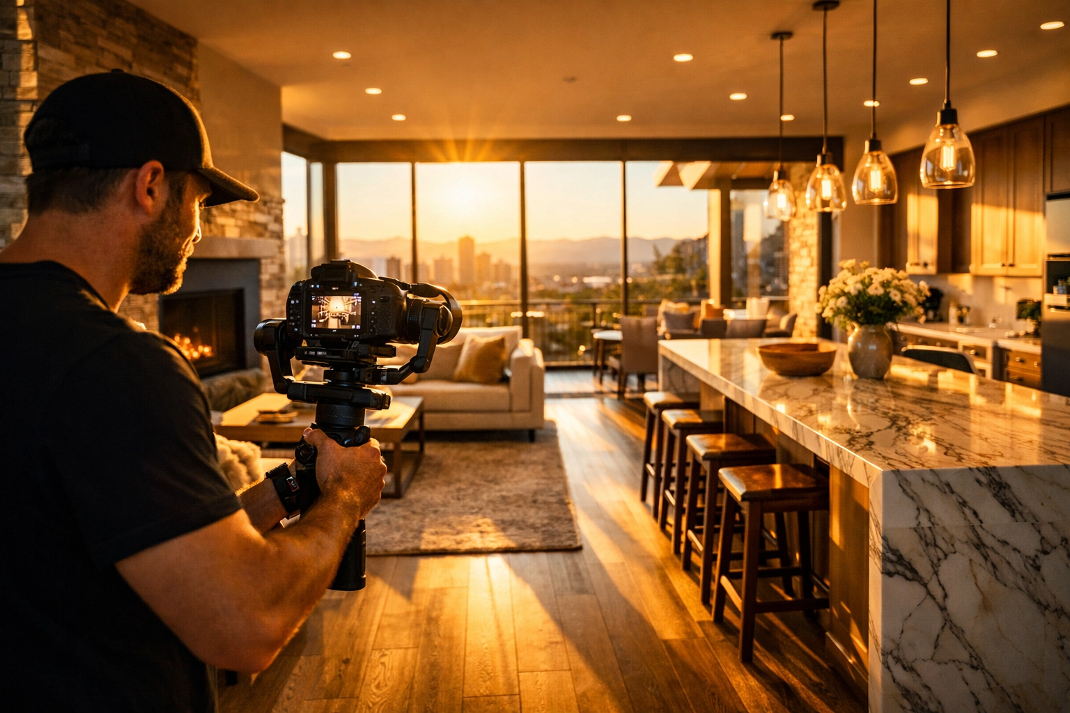 Professional videographer filming a cinematic real estate video inside a modern Denver home.