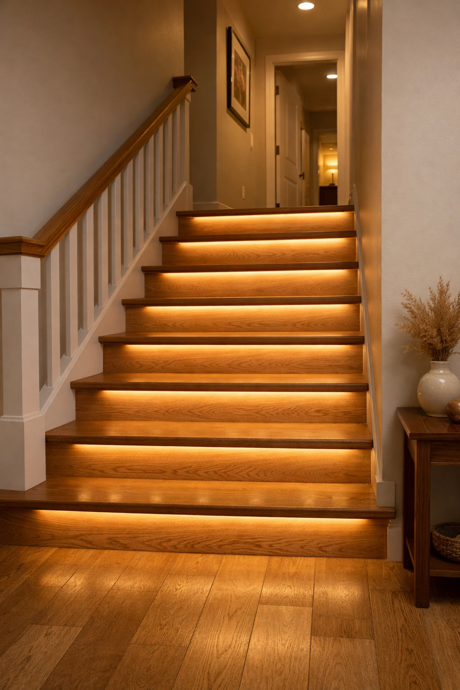 Warm LED strip lighting under wooden stair treads to eliminate shadows and improve nighttime stair safety.