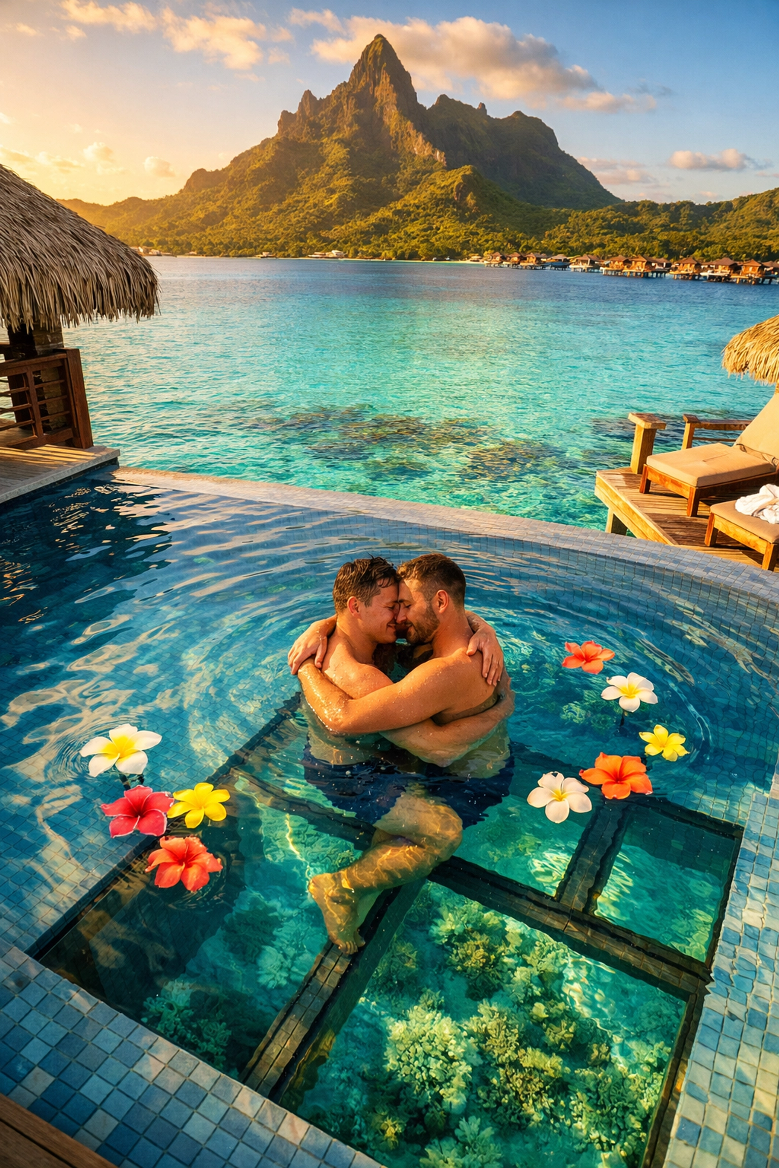 Gay couple embracing in Bora Bora overwater bungalow infinity pool with Mount Otemanu view