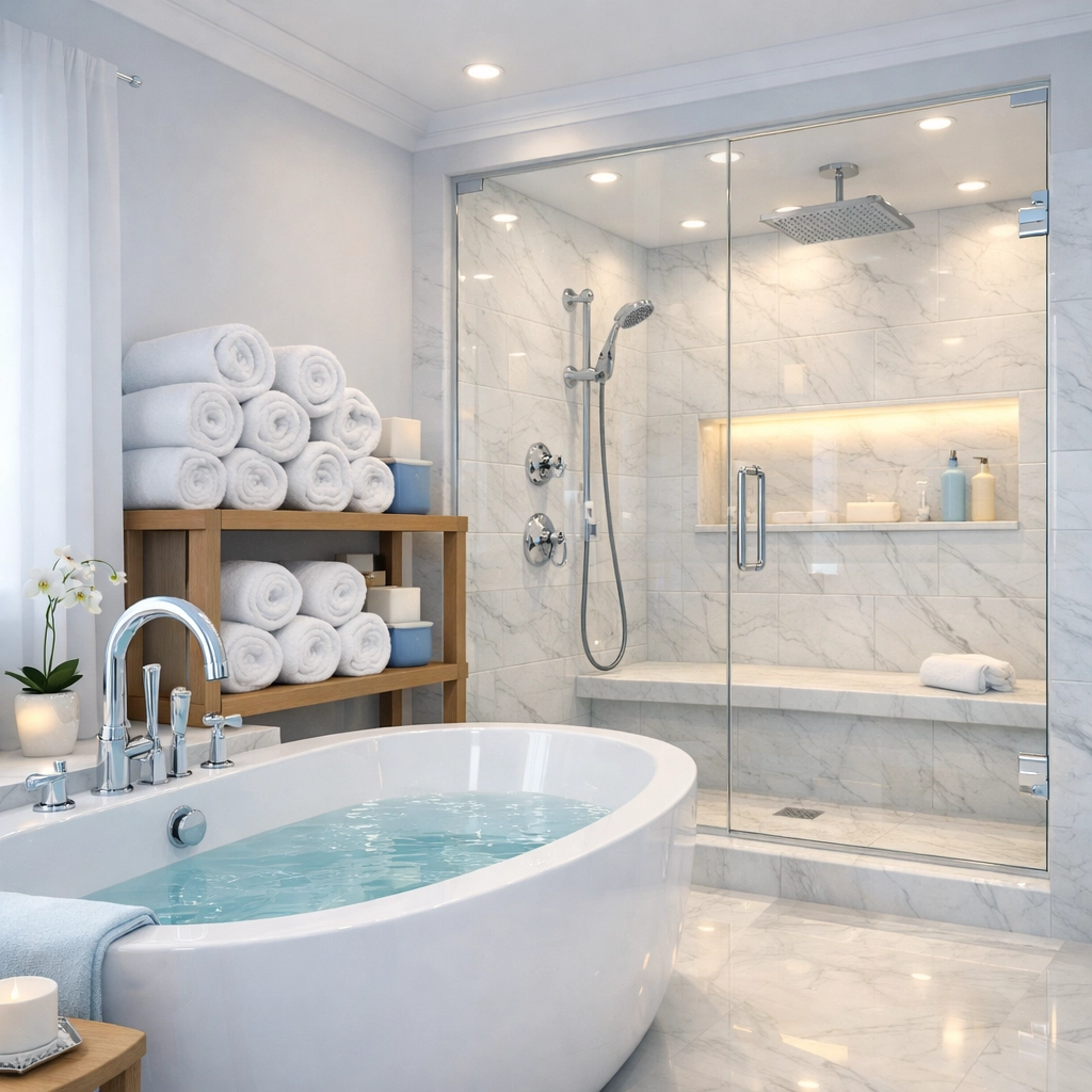 Sanitized master bathroom with marble tiling reflecting professional Hatchville home cleaning results.