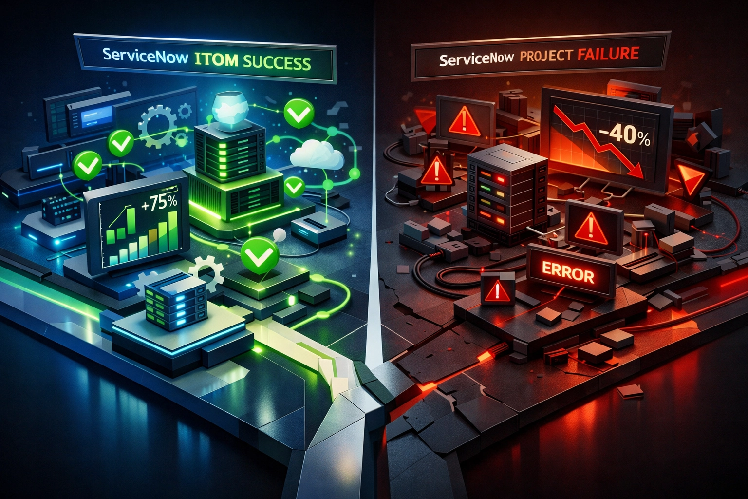 Successful ServiceNow ITOM implementation vs failed project comparison showing partner impact on ROI