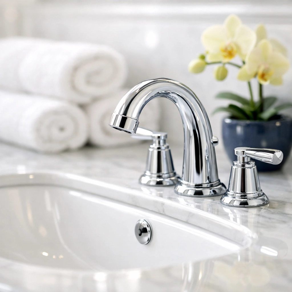 Sanitized bathroom vanity and sparkling sink in a Leominster home after bi-weekly cleaning service.