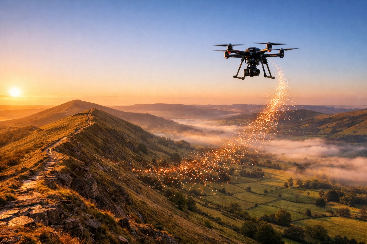 Drone scattering ashes over the Peak District landscape at golden hour for a peaceful memorial.