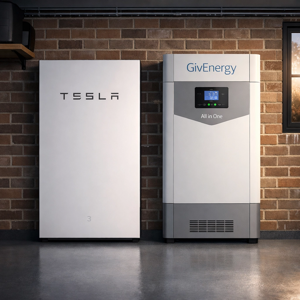 Tesla Powerwall 3 and GivEnergy All-in-One battery storage units in a modern UK home.