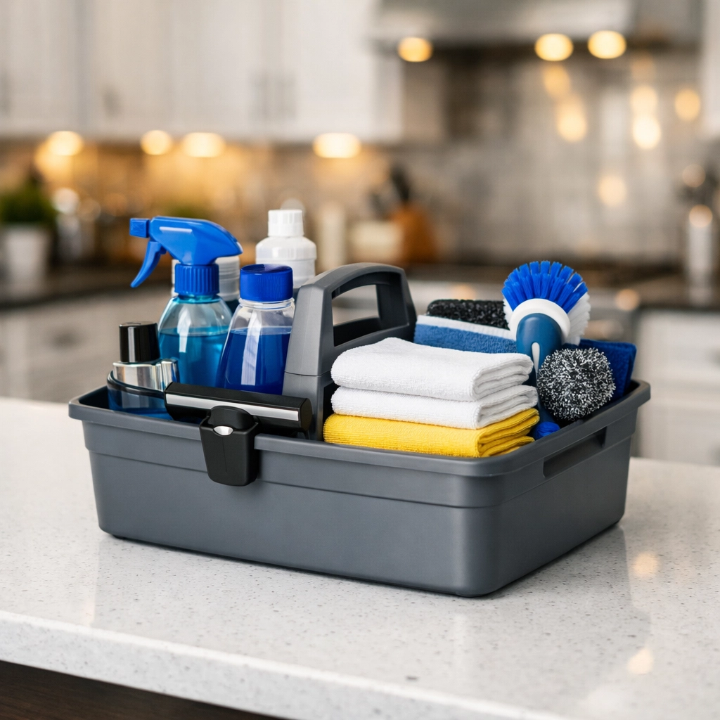 Professional cleaning caddy with supplies on a quartz island for efficient deep cleaning in Stow MA.