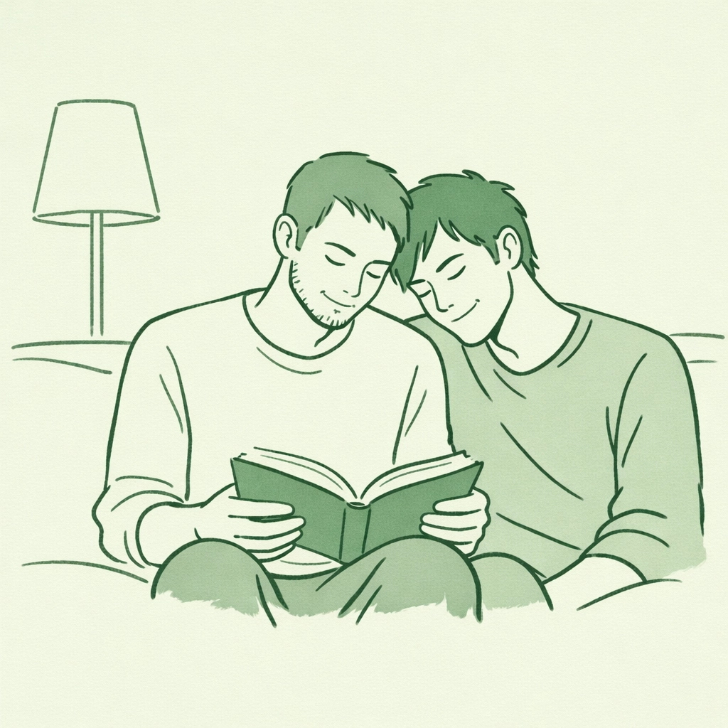 Two men reading together on couch - literary MM romance with emotional depth